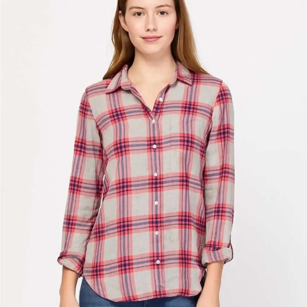 J. Crew Women's Boy Fit Pink Plaid Button Up Shirt 100% Cotton Size Small